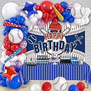126 Baseball Party Decorations Sports Birthday Supplies Blue White Red Balloon Garland Arch Kit Backdrop Tablecolth Baseball Bats Foil Balloon Baseball Themed Party Decorations