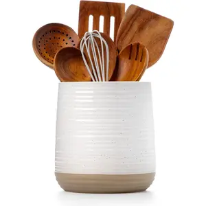 6.8" Large White Ceramic Kitchen Utensil Holder, Modern Farmhouse Style Utensil Organizer for Kitchen Counter, Fits Spoons, Spatulas & Other Cooking Tools