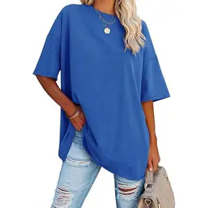 Larmliss Women's Oversized T Shirts Round Neck Striped Tees Summer Half Sleeve Casual Comfy Cozy Cotton Tunic Tops
