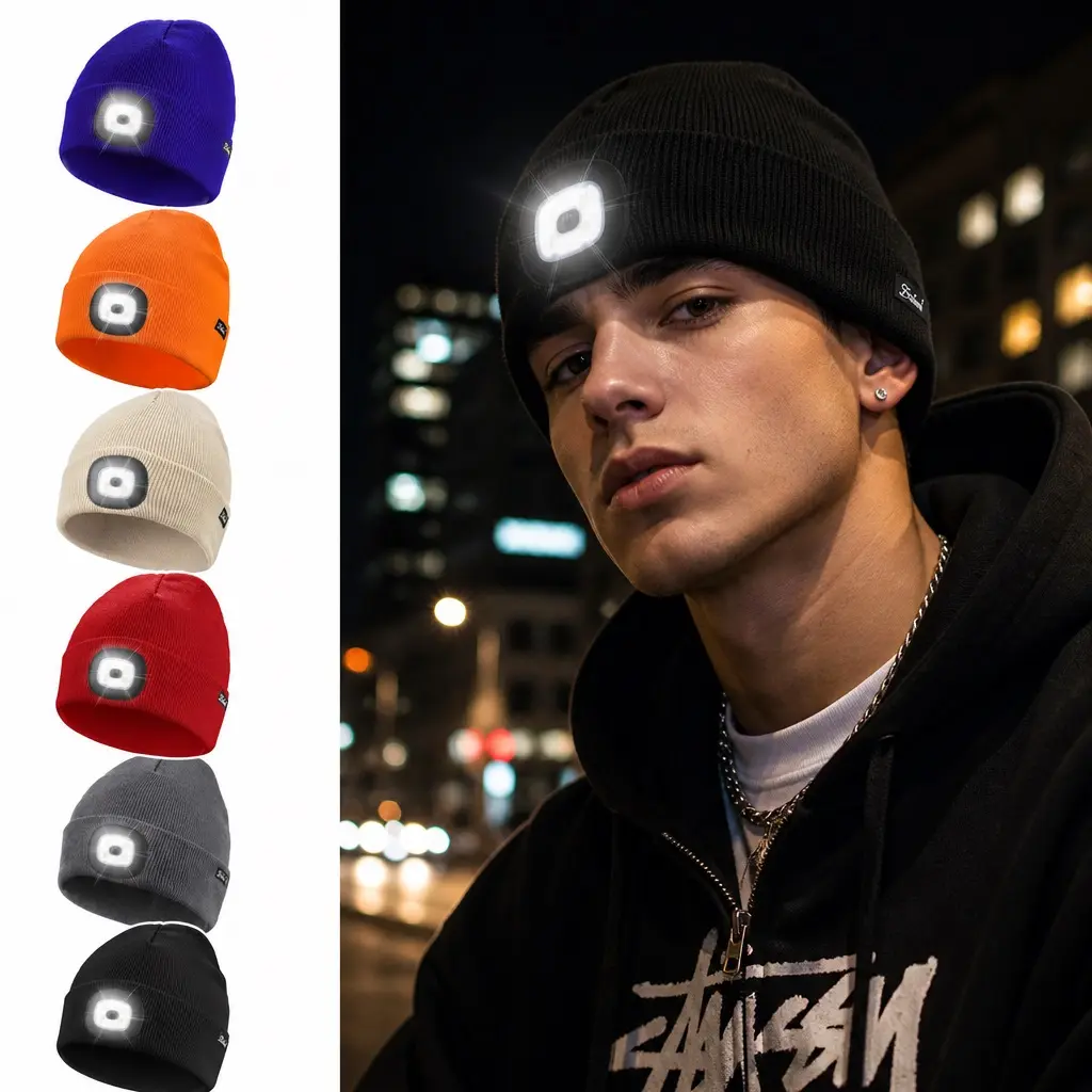 Beanie Headlamp - Unisex Winter Knit Cap Gifts for Men Dad Father with LED Hands Free USB Rechargeable Caps