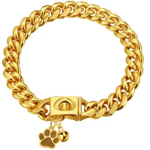 Cuban Link Dog Collar Gold Dog Collar 16mm Dog Chain Collars with Snap Buckle 18K Gold Miami Stainless Steel Metal Collars for Puppy Small Medium Large Dogs with Dog tag & Bell