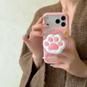 Cute Pink Cat Paw Stand Silicone Phone Case Cover For iPhone 17 16 15 14 13 Pro Max Soft Protective Case
