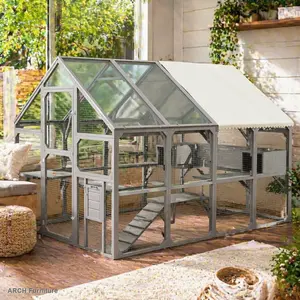 ARCH Large Walk-In Outdoor Cat Enclosure with Split Door for Multiple Kittens - Pine Wood Cat House, 7 Platforms, 2 Resting Boxes, 1 Bridge, 1 Ramp, Weatherproof Litter Tray Paws, Sunshine Board Roof, Outside Shelter, Gray