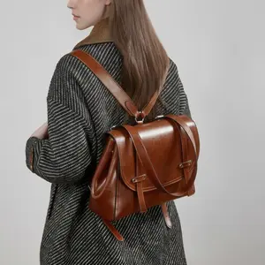 1pc Niche Design Oil Wax Leather Backpack, Women's Spacious Satchel, Multi-functional for Travel and Daily, Trendy All-match Lady Handbag, Vintage Style Silvery Hardware Bag.