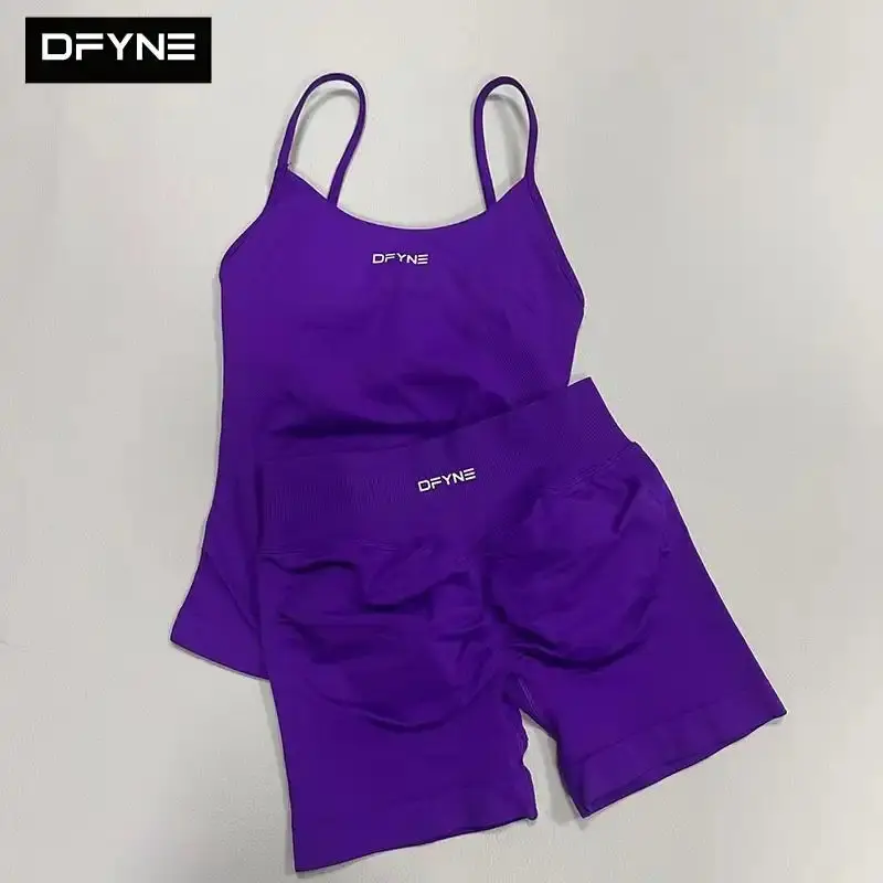 DFYNE Women 2 Piece Workout Set Seamless Spaghetti Strap Tank Top High Waisted Shorts Matching Set Stretchy Athletic Gym Yoga Running Activewear Outfit Lounge Tights Compression Fitness Apparel Clothes