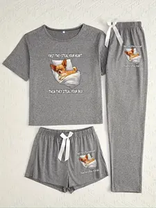 Women's Cartoon Dog Print Sleepwear Set, Fitted Three-Piece Pajama Suit, Casual All-Season Loungewear, Comfortable Nightwear, Pajamas Sets