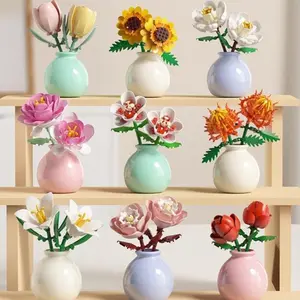 Flower in Vase Building Blocks, Indoor Flower, 1 Box Creative Flower Blocks Building Toy, DIY Home Decoration, Creative Gift for Girls