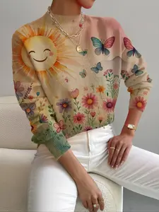 Women's Knitted Sweater with Cartoon Print, Casual Elegance for Spring Fall Winter, Perfect for Holiday & Commuting