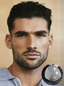 Human Hair Toupee for Men, Glueless Pre Style Handmade Ultra Thin Skin All V-Looped PU Base Hairpieces Replacement Hair System, Natural Realistic Hair Topper for Daily Use