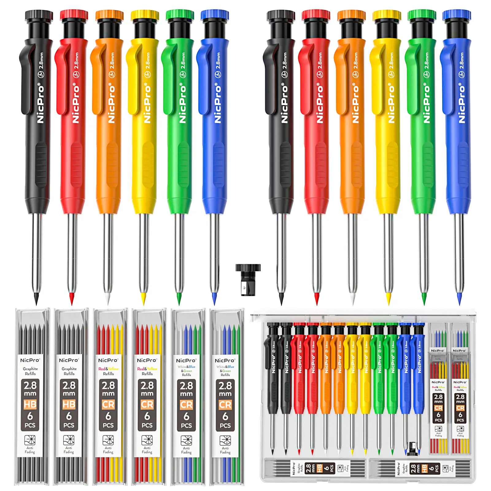 Nicpro 12 Pack Carpenter Pencil with Sharpener, Mechanical Pencils Set with 52 Refills, Deep Hole Marker for Construction, Heavy Duty Woodworking Tools for Architect (Red, Black, Yellow, Blue, Orange)