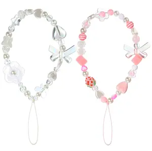 LEIFIDE 2 Pcs Phone Charms Strap Beaded Phone Strap Pink Cute Phone Charms Aesthetic Love Phone Lanyard Wrist Strap Beaded Phone Keychain Charm for Women Girl Gifts