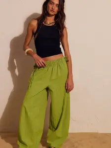 Fashion Adjustable Elastic Waist Woven Texture Striped Loose Wide Leg Casual Pants, Trendy European and American Style, Comfortable Long Trousers