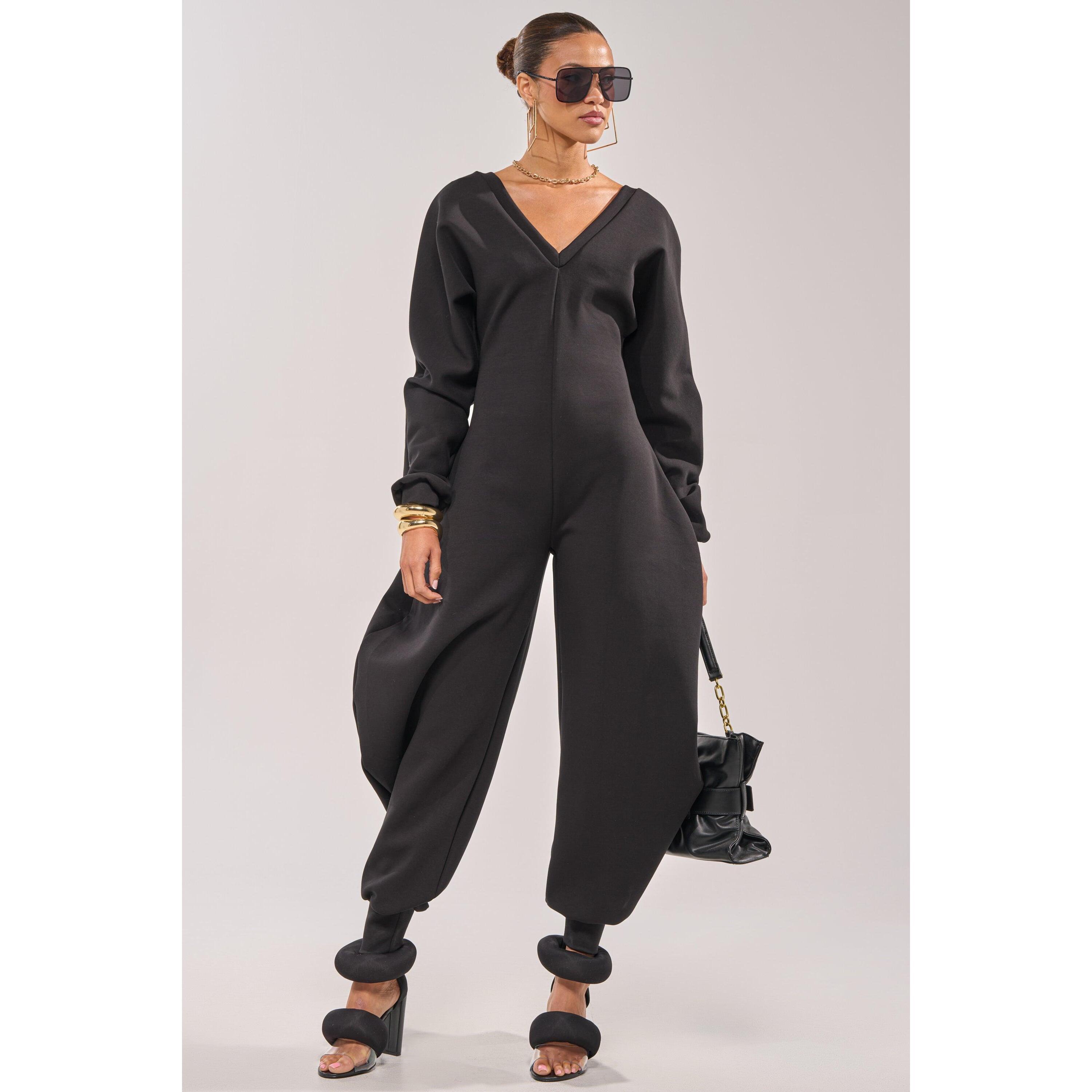 COMFY COZY SWEATSHIRT JUMPSUIT IN BLACK