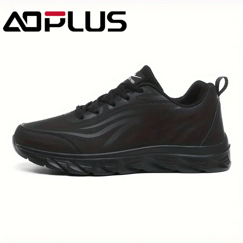 AOPLUS Men’s Classic Round Toe Lace-Up Airflow Control Casual Trainers - All Black Waterproof Leather, Breathable All-Seasons, Slip Resistant, Anti-Slip Tread, Durable, Stylish, for Daily Wear, Gym Workouts, Simple Fits, Ankle, Lace Closure, Sneaker, Walk