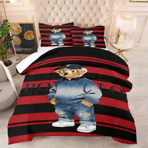 Teddy bear printed pattern bedding set, including 1 blanket and 1 or 2 pillowcases without pillowcases, soft children's or adult bedroom decoration gift