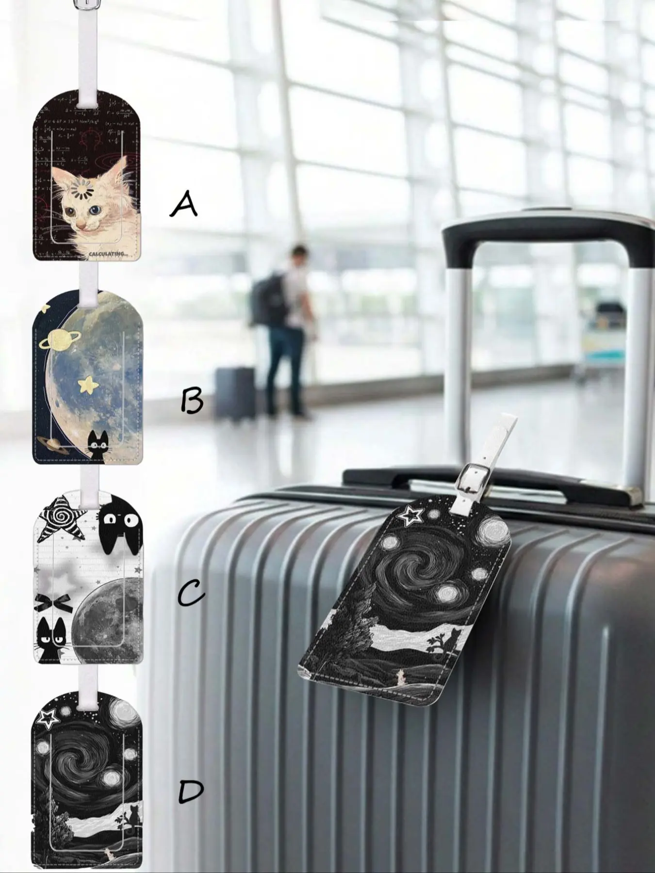Cat Starry Sky Pattern Leather Luggage Tag, Waterproof Design, Travel Accessory for Suitcases and Cruises, Includes Name ID Card