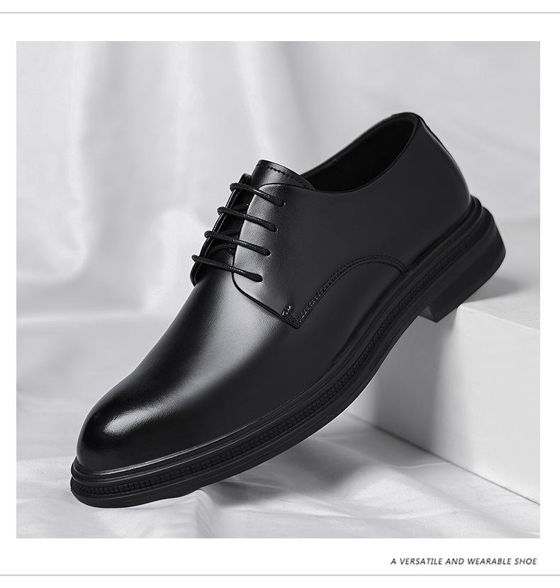 Men’s leather dress shoes for autumn, British style, low-cut black design suitable for commuting and business attire, pairs well with suits.