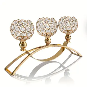 3 Arms Crystal Candle Holder Bowl Tea Candle Candle Holder - Wishing Candle Holder Ornament Candle Holder Vase Candle Holder Candle Centerpiece Table Home Decor Wedding Christmas Metal Golden Living Room