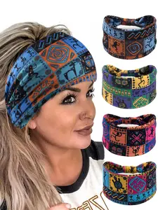 4-Piece Multi-Color, Zigzag, Bohemian Ethnic Totem Printed Wide Soft Headband - Secures Flyaways, Sweat-Resistant & Face-Slimming, Suitable for Multiple Occasions, Retro Casual Style, Hair Accessory
