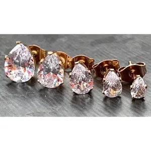 PAIR of Beautiful Hypoallergenic Clear CZ Gem Teardrop Rose Gold Stud Earrings!