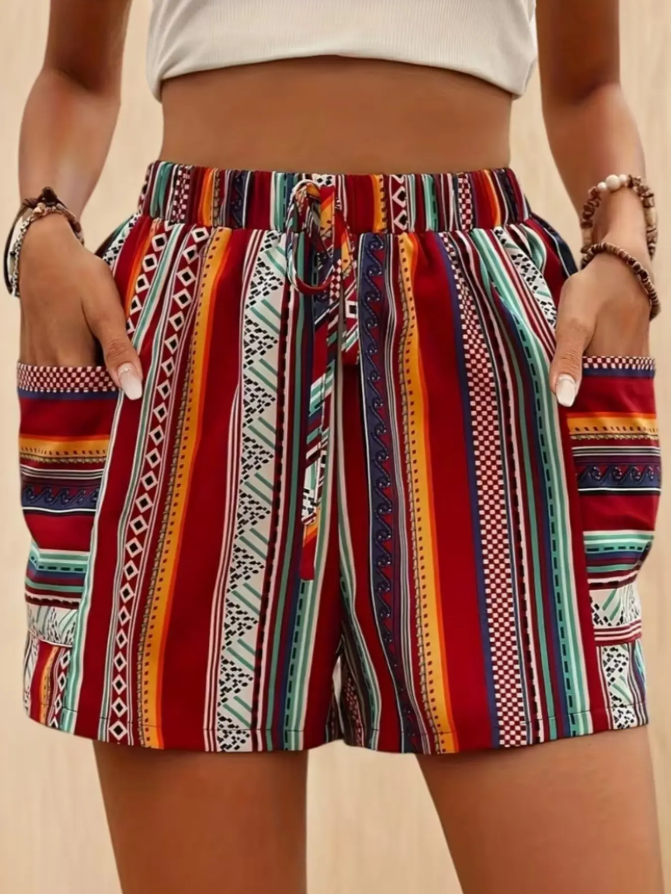 Women's High Waist Boho Bohemian Striped Fitted Lightweight Shorts, Elastic Waistband, Drawstring & Side Pockets, Casual Ethnic Geometric Pattern, Spring Summer Fall Daily Wear, Womenswear