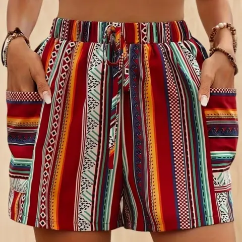 Women's High Waist Boho Bohemian Striped Fitted Lightweight Shorts, Elastic Waistband, Drawstring & Side Pockets, Casual Ethnic Geometric Pattern, Spring Summer Fall Daily Wear, Womenswear, Elastic Drawstring Bottoms, Adjustable Drawstring Shorts