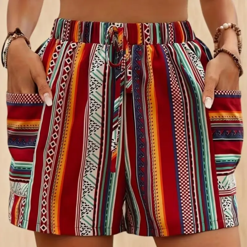 Women's High Waist Boho Bohemian Striped Fitted Lightweight Shorts, Elastic Waistband, Drawstring & Side Pockets, Casual Ethnic Geometric Pattern, Spring Summer Fall Daily Wear, Womenswear, Elastic Drawstring Bottoms, Adjustable Drawstring Shorts