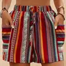 Women's High Waist Boho Bohemian Striped Fitted Lightweight Shorts, Elastic Waistband, Drawstring & Side Pockets, Casual Ethnic Geometric Pattern, Spring Summer Fall Daily Wear, Womenswear, Elastic Drawstring Bottoms, Adjustable Drawstring Shorts