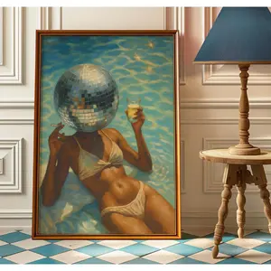 Disco Ball Head Woman With Cigarette Sunbathing in Bikini Poster - Elegant Old Money Art Print - Mirrorball Decor - Frameless Inkjet Print for Versatile Home Decor