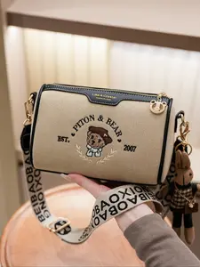 High-Quality Bear Embroidered Boston Bag, Casual Fashion Crossbody Shoulder Bag, American Retro Style, All Seasons Use