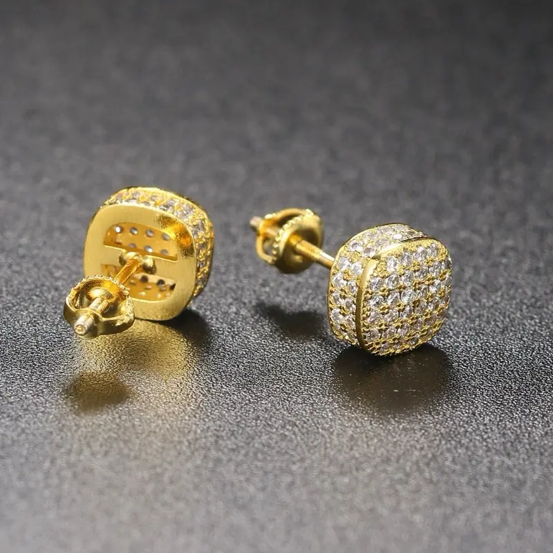 Mens Stud AAA Quality CZ Earrings Gold Plated Square Design Hip Hop Jewelry for Men