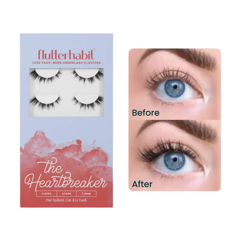 Flutterhabit The Heartbreaker Cat Eye Style Cluster Lashes DIY Lash Extensions 7-16mm Classic Look False Eyelashes 6 Pair Set Classic B/C Curl Long Wear Underlash Application