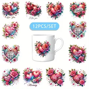 12PCS/SET Mother's Day Love And Flowers DIY Skinny Tumblers Wrap Decorative transfer paper UV DTF High Self-adhensive Wraps Transfers Decor Transfer Paper On Cup Vinyl Stickers