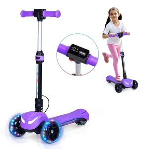 Electric Scooter for Kids w/LCD Screen, 21V Battery & Powerful Motor, Premium Front Light and Wheel Lights/3 Adjustable Heights Scooter for Kid 4-8 Years, Thumb Throttle, Purple