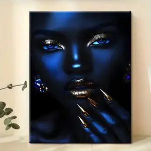 Elegant Blue and Golden African Beauty Canvas Art - Wrapped Frame Wall Decor for Bedroom, Living Room, or Office - Indoor/Outdoor Use, Stylish African Home Decoration with Bold Makeup and Jewelry Design, African Wall Art, 2D, Perfect for Room Decor