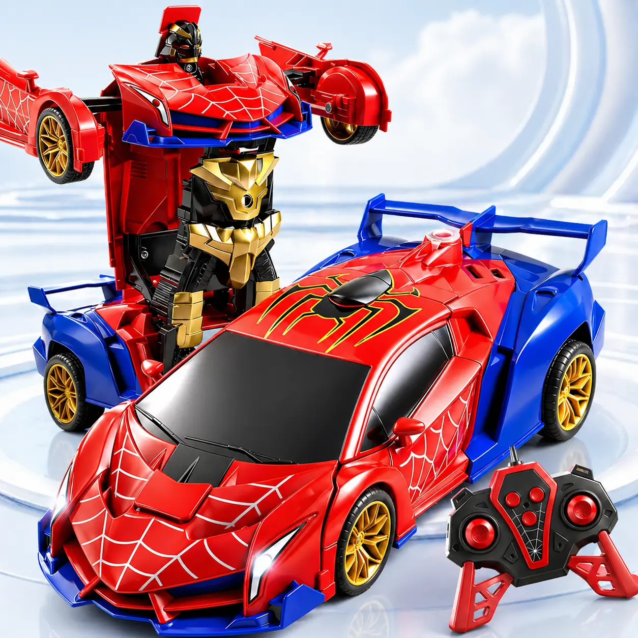 Spider Transforming RC Car Robot for Kids, 1:18 Remote Control Supercar with LED Lights, 360 Spin and One Button Transform