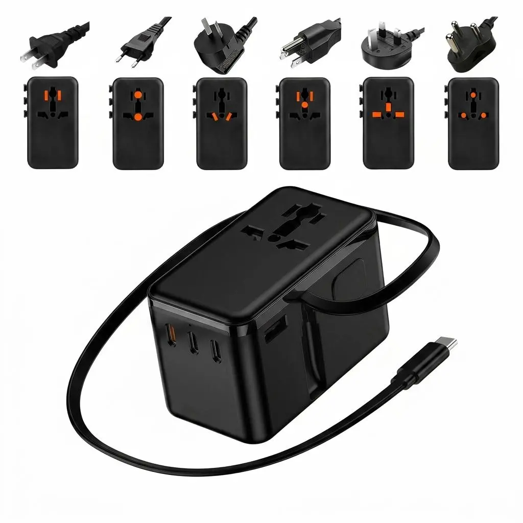 VOFOX Nano GaN Charger, 7-in-1 Global Fast Charger, 100W Retractable USB-C Cable, 3USB-C+1USB-A, Universal for Small Appliances, Travel Adapter for iPhone Laptop, 2026 Portable Tech