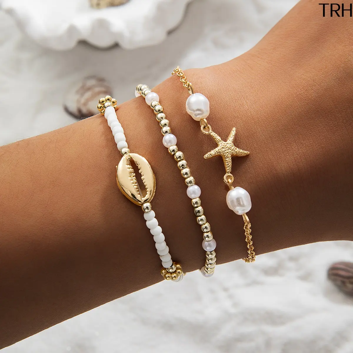 3Pcs Ocean Beach Stackable Bracelets Set for Women, Cowrie Shell Starfish Baroque Pearl Beaded Stretch Strand Bangles, Waterproof Boho Summer Vacation Layered Gold Silver Plated Wrist Jewelry