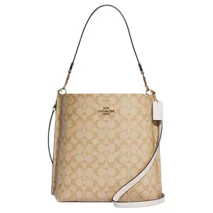COACH Mollie Snap-Open Detachable Handle Bucket Bag for Women, Classic Monogram Canvas with Leather Trim, Tan