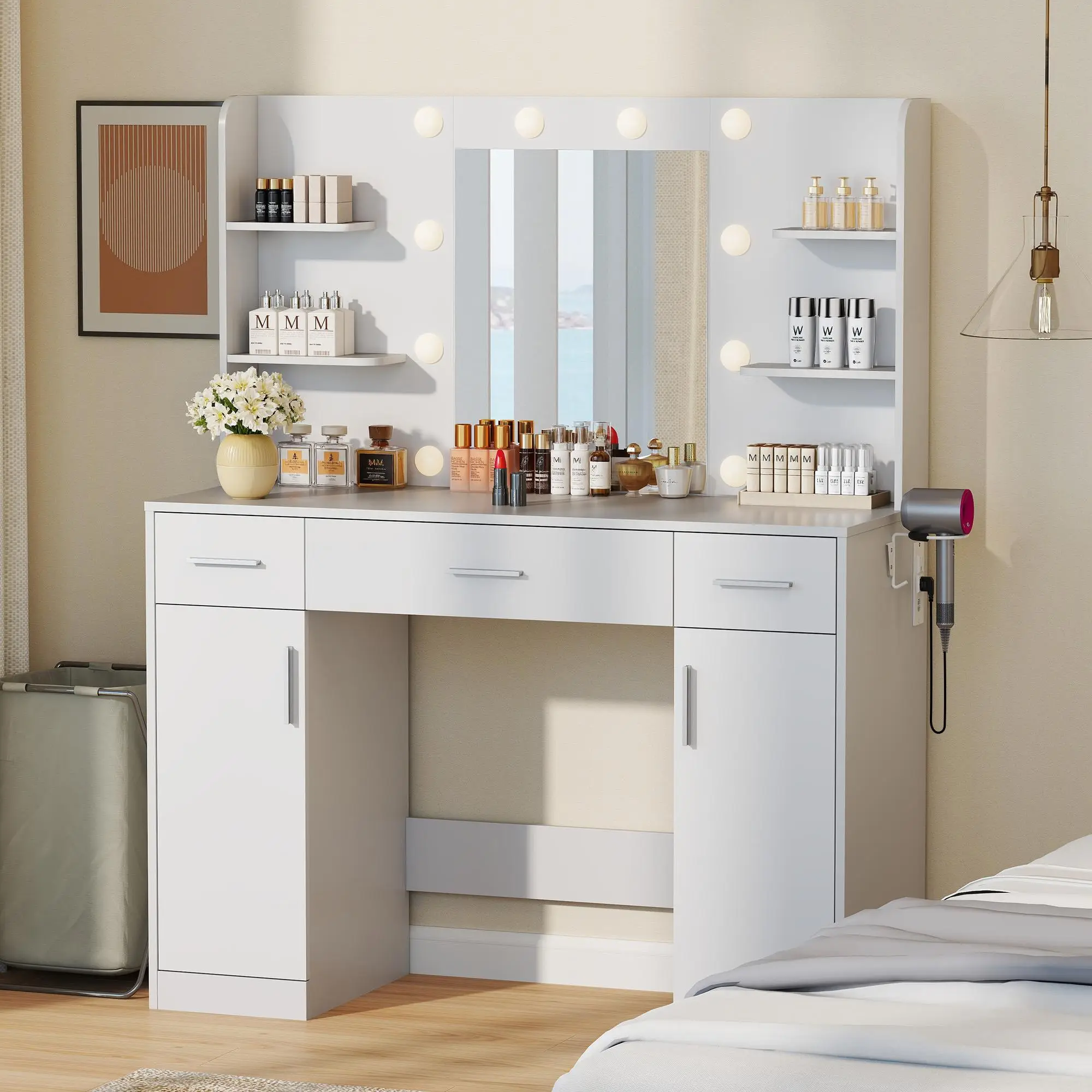 White Bedroom Dresser with Adjustable Lighted Mirror, 3 Drawers, 4 Shelves, Electrical Outlet, Vanity with Decorative Features