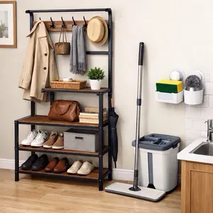 Freestanding coat rack, 3-in-1 multifunctional shoe rack, coat rack and storage rack with 8 hooks, suitable for entrance halls, corridors, living rooms, bedrooms organizer Hands-Free Flat Floor Mop Bucket Set Suction Cup Sponge Holder for Kitchen Sink