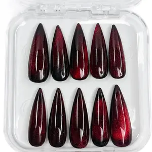 VAMPIRES CLAWS! Reusable Stiletto Press On Nails - Blood Red Cateye effect -