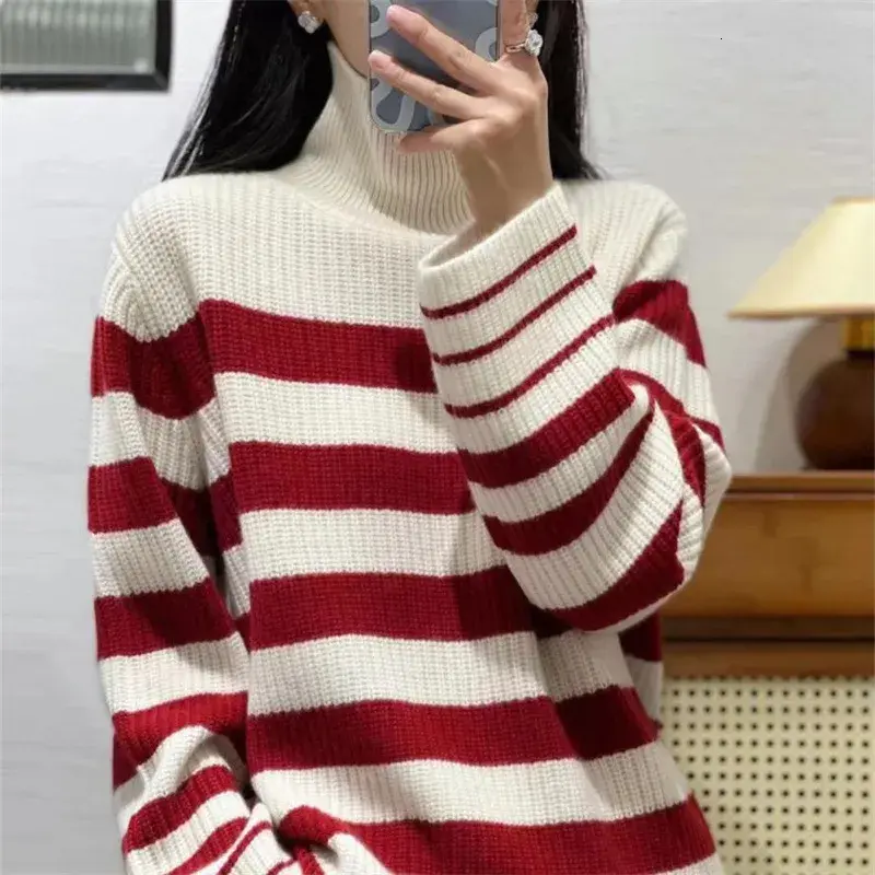 High elastic Knitwear simple autumn and winter essential women's knitted striped turtleneck pullover, casual slim version, versatile and slim for commuting/dating/daily use.