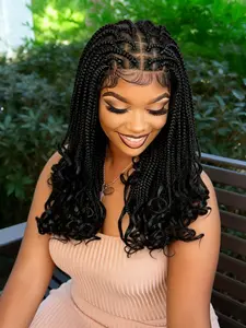 22-Inch Full Lace HD Braided Wig for Women, Bohemian French Waves, Baby Front Comb, Medium Length, All Seasons, Festival Wear, Boho Style Wigs, Boho Box Braid