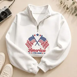 [MADE IN US] Embroidered America 250 Years of Freedom Quarter Zip Sweatshirt, Coquette Bow USA Pullover, 4th of July Celebration Gift