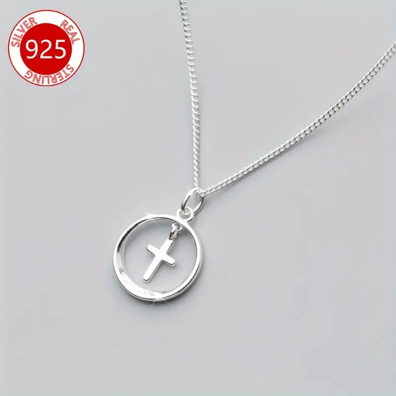 925 Sterling Silver Necklace for Women, Elegant Minimalist Circle Cross Pendant, Hypoallergenic Daily Wear, Vintage Jewelry Gift for Birthday
