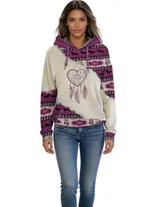 Women's Boho Navajo Aztec Horse Print Hoodie – Heart Dreamcatcher Graphic, Tribal Geometric Pattern Color Block Long Sleeve Hooded Sweatshirt with Drawstring & Pocket, Vintage Western Ethnic Casual Pullover Top