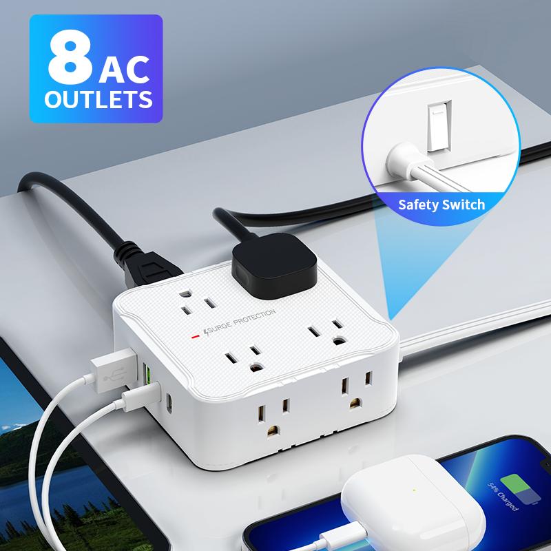 8 AC sockets,6.5FT/10FT/15FT extension cord power board,12-in-1 power board/power socket/power strip, maximum power of 1250.W, 10A, 2 USB 2Type-C, suitable for home, office, travel and computer.