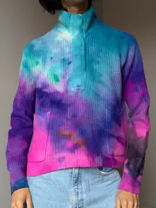 Women’s L Galaxy rainbow sweater 1/4” button up Lambswool crop pullover turtleneck