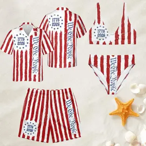 Matching Couple Swimwear, Navy Blue American Flag Stars and Stripes Distressed Brush Stroke Patriotic Bikini Top Bottom & Mesh Button Shirt Shorts Set, Perfect Gift for Him and Her